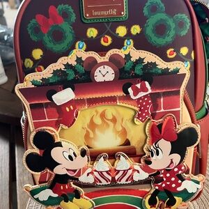 Loungefly Festive Mickey and Minnie Backpack - Red and Green